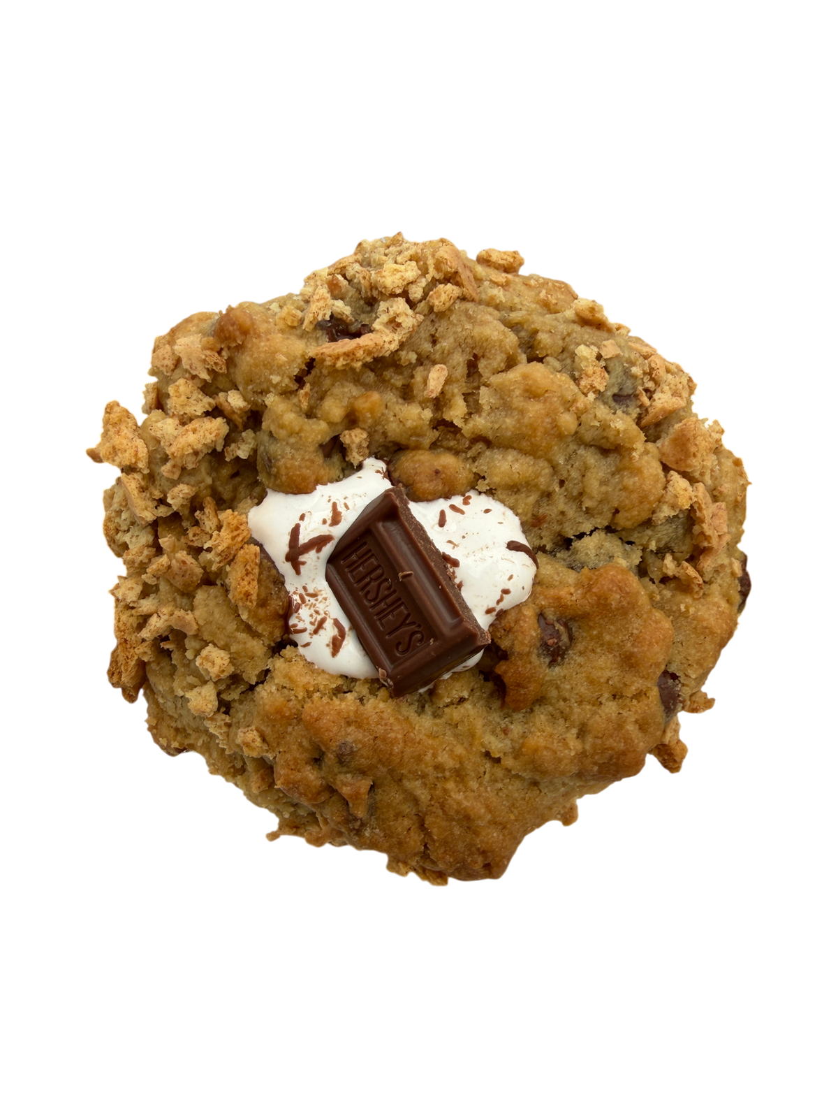 S’mores New York-style cookie with Hershey’s chocolate, marshmallow center, graham cracker crumbs, and mini Hershey’s bar