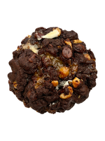 Salted Caramel Rocky Road Cookie from Big Sweet Tasty made with sea salt cashews, Ghirardelli semi-sweet chocolate, mini marshmallows, and soft salted caramel pieces.